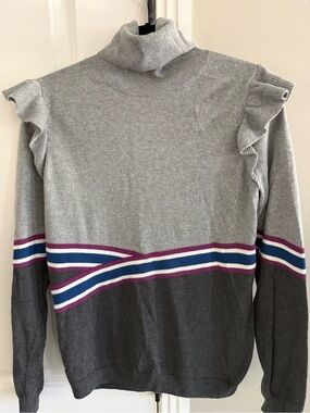 Nordstrom Hinge Gray Turtleneck Sweater with Stripe Detail and Ruffles, M